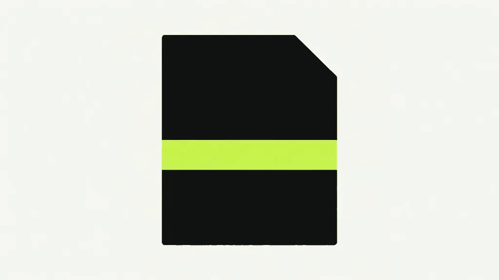 A single dark charcoal document sheet with a folded top-right corner on a pale cool grey-white background, crossed low by one thick solid bright lime bar running the full width of the sheet