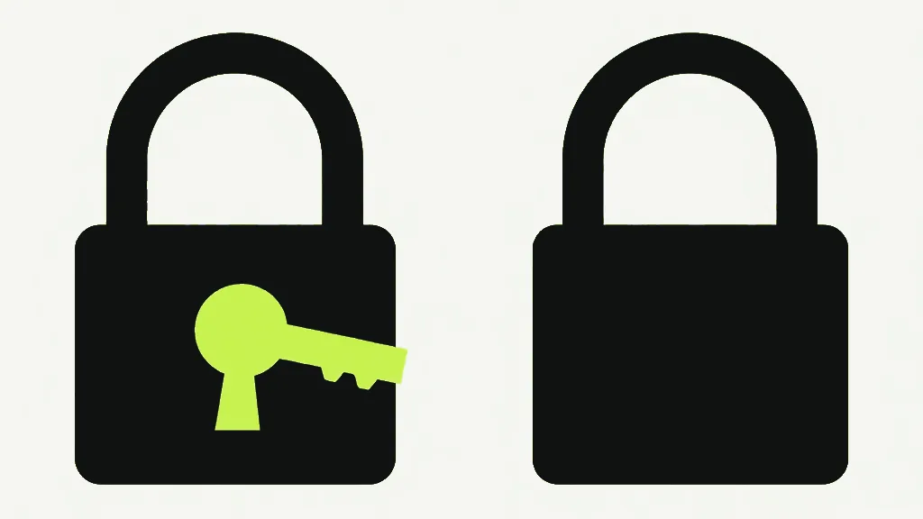 Two dark padlocks: one with a bright key turning in it, the other with a smooth face and no keyhole at all