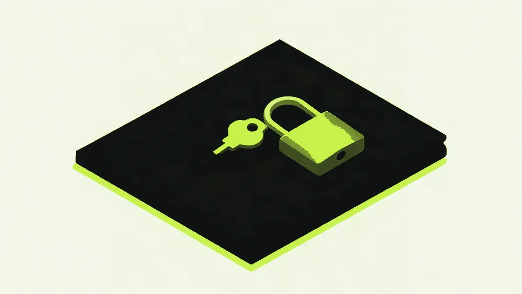 A thick near-black slab lying flat in isometric view on a pale off-white background, a bright lime edge along its underside, with a lime padlock and a small lime key resting side by side on top