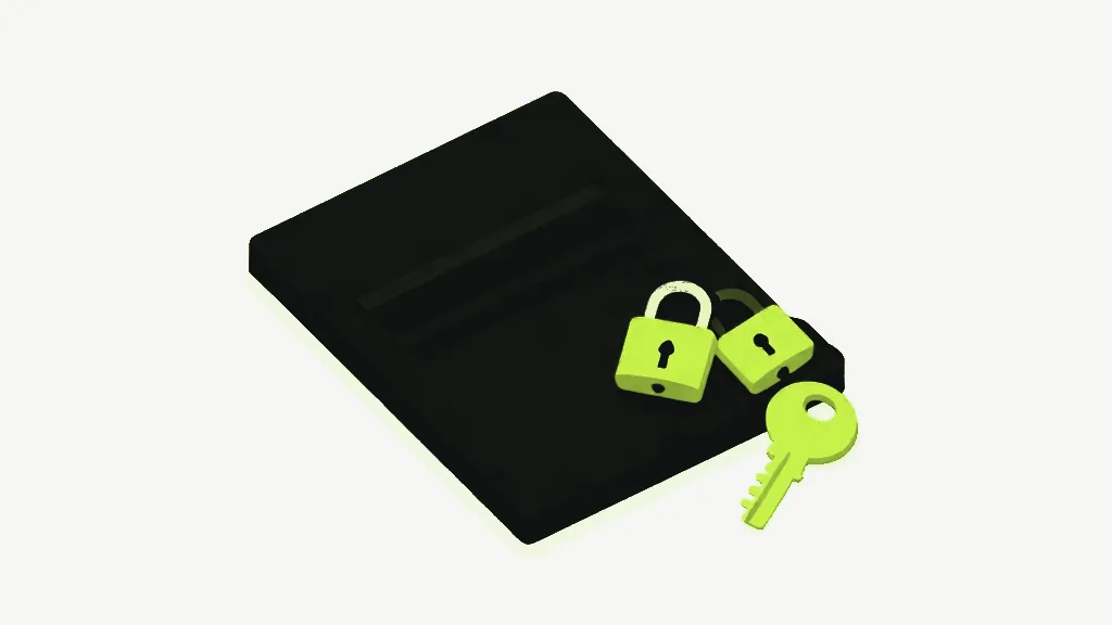 A thick dark charcoal slab lying flat in isometric view on a pale grey background, two bright lime padlocks resting near its lower corner and a bright lime key lying just below them