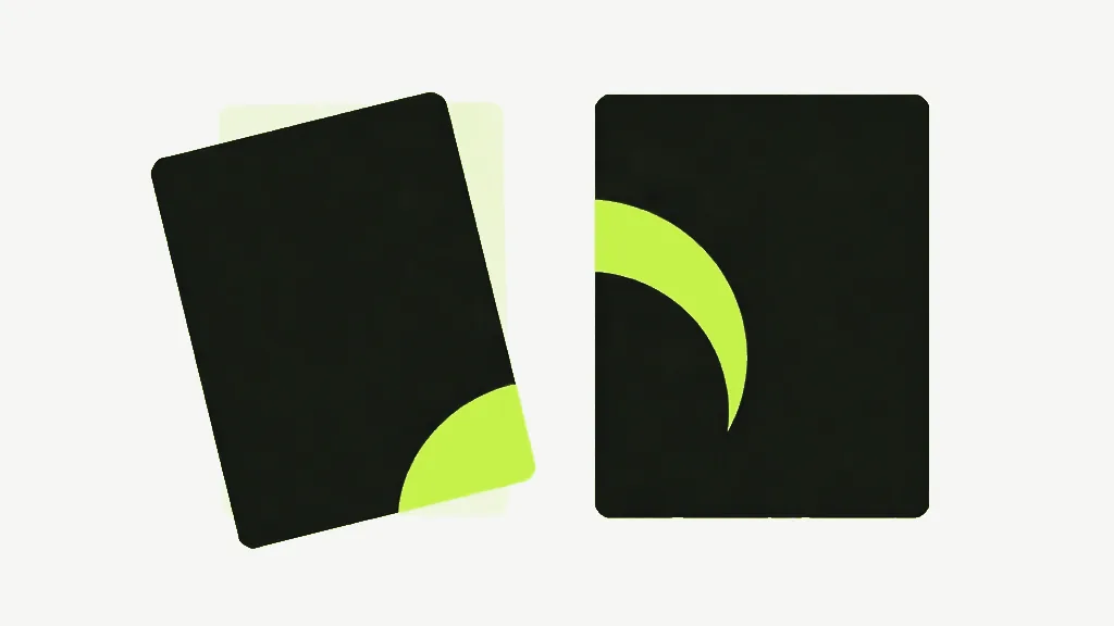 A near-black sheet tilted to one side with a lime quarter-circle at its lower corner, beside an upright near-black sheet crossed by a lime crescent, on a pale grey background