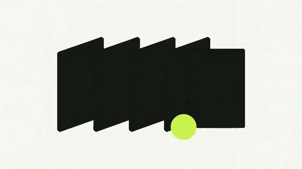 A row of near-black sheets standing at a slant on a pale grey background, with one more sheet facing forward at the end and a single lime disc resting at its lower corner