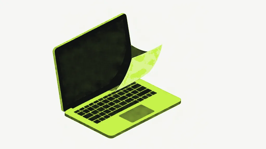 An open laptop in isometric view with a bright lime body and keyboard deck and a dark screen, a pale lime sheet curling away from the back of the screen, on a pale grey background