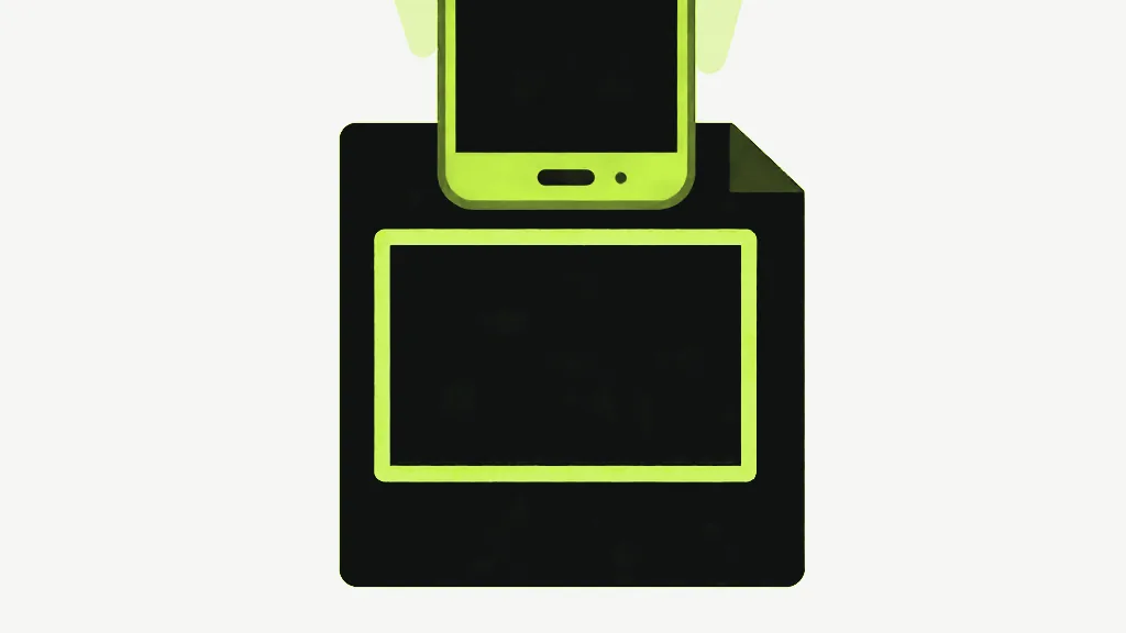 A bright lime smartphone pressed down against the top of a near-black document sheet with a folded top-right corner, a thick lime rectangular outline framing the lower part of the sheet like a viewfinder, on a pale grey-white background