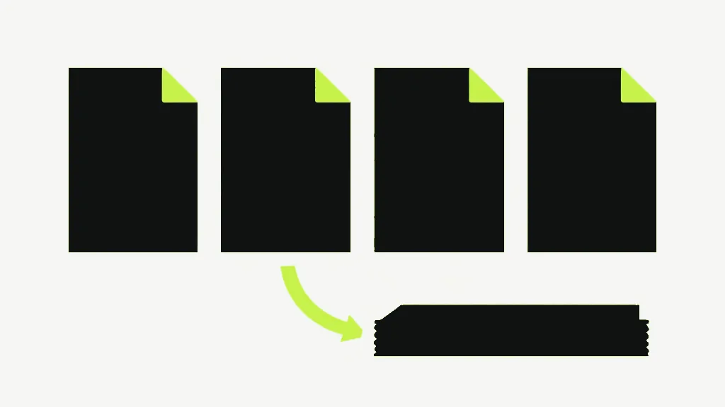 Four near-black document sheets standing in a row, each with a folded bright lime top-right corner, and a curved lime arrow sweeping from beneath them down to one flat dark stack lying on its side, on a pale grey-white background