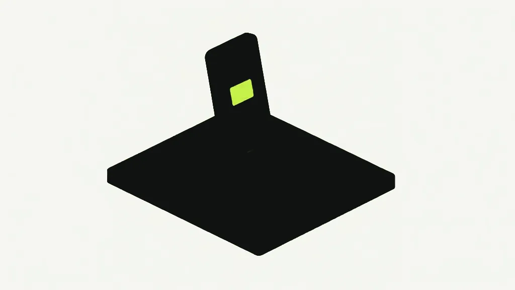 A dark phone standing upright at the back edge of a large flat near-black square slab in isometric view, a small bright lime rectangle on the face of the phone, on a pale grey-white background