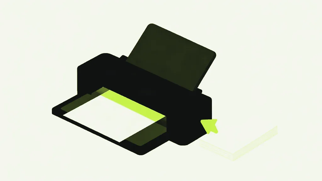 A dark desktop scanner in isometric view with its lid propped open, a pale sheet lying in its tray with a bright lime band across it, a small lime arrowhead at its right side pointing back into the machine, and a faint flat stack of pages below it to the right, on a pale grey-white background