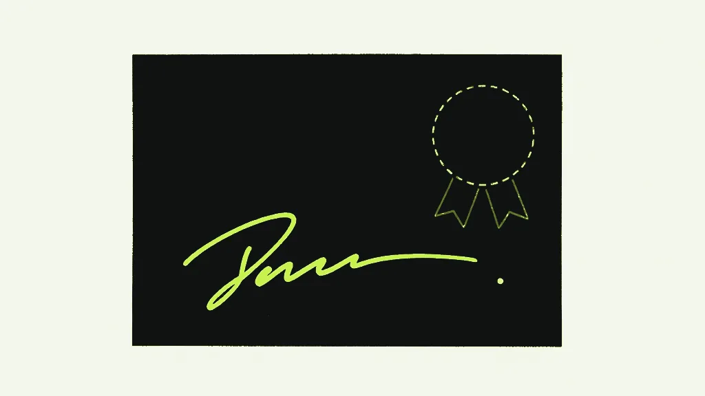 A dark card carrying a bright handwritten squiggle, with an empty dashed rosette outline beside it