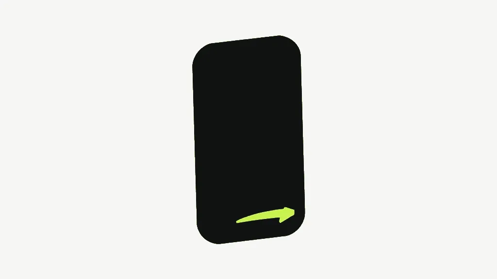 A tall near-black rounded rectangle standing upright and slightly tilted, a small bright lime arrow-like flourish low near its foot, with a wide expanse of empty pale grey to its left