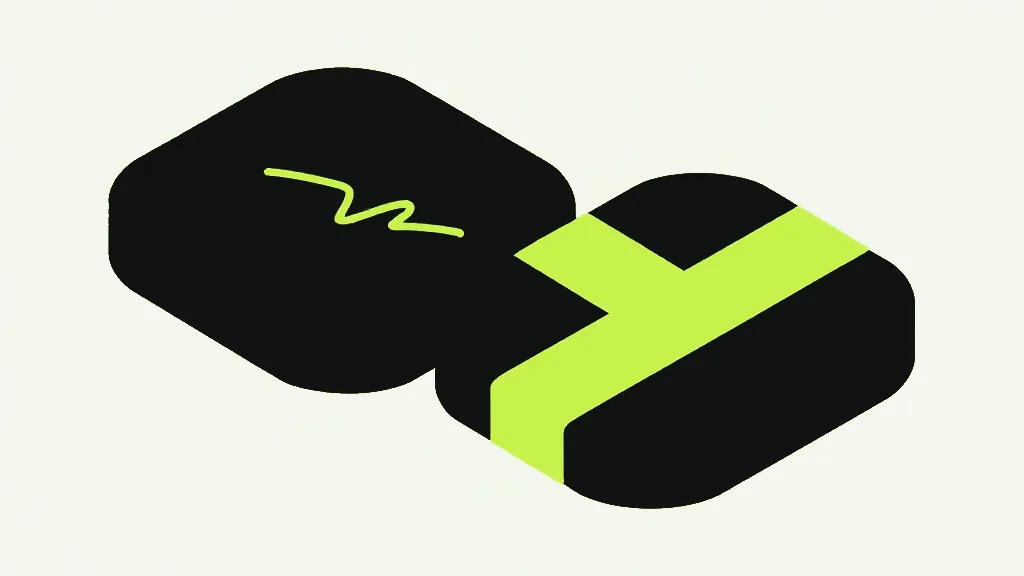 Two near-black rounded slabs at an isometric angle, the left one carrying a loose bright lime scribble on its face and the right one wrapped by a thick flat bright lime band