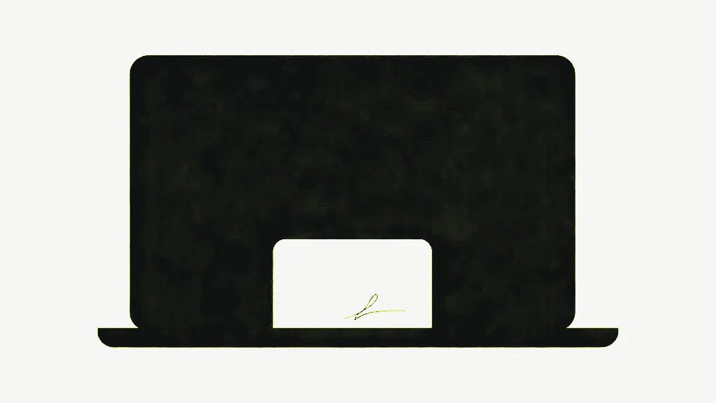 A large near-black charcoal shape like an open laptop seen head on, on a pale grey background, with a small pale off-white card low at its centre carrying a single loose bright lime handwritten squiggle