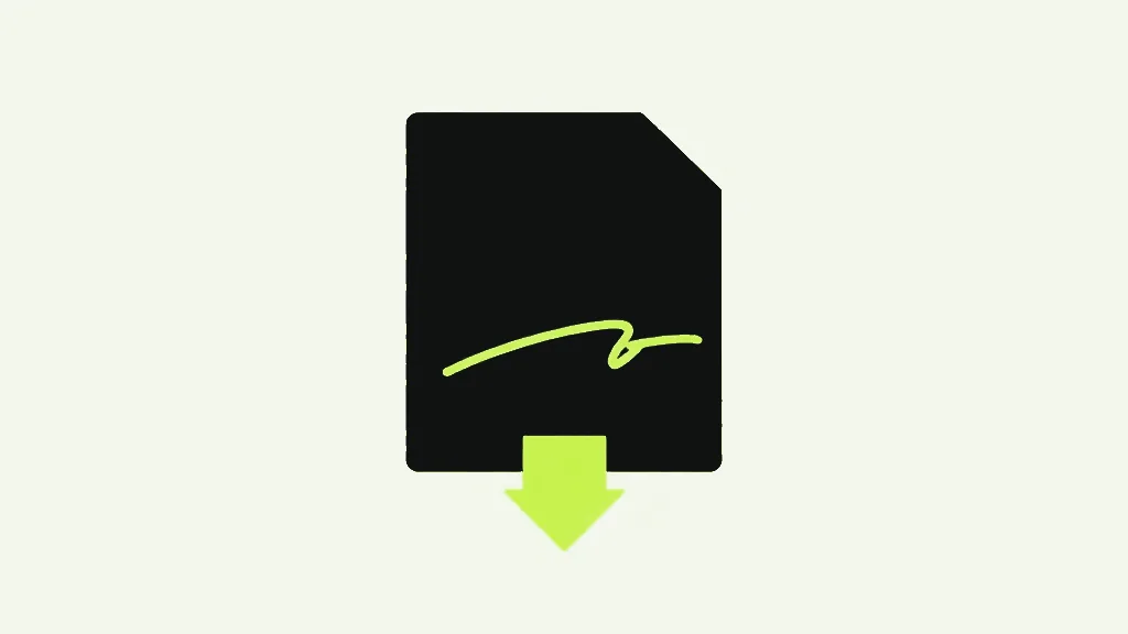 A dark near-black page shape with one folded top corner, a loose bright lime handwritten squiggle across its lower middle, and a bold bright lime downward arrow emerging from its bottom edge, on a pale grey background