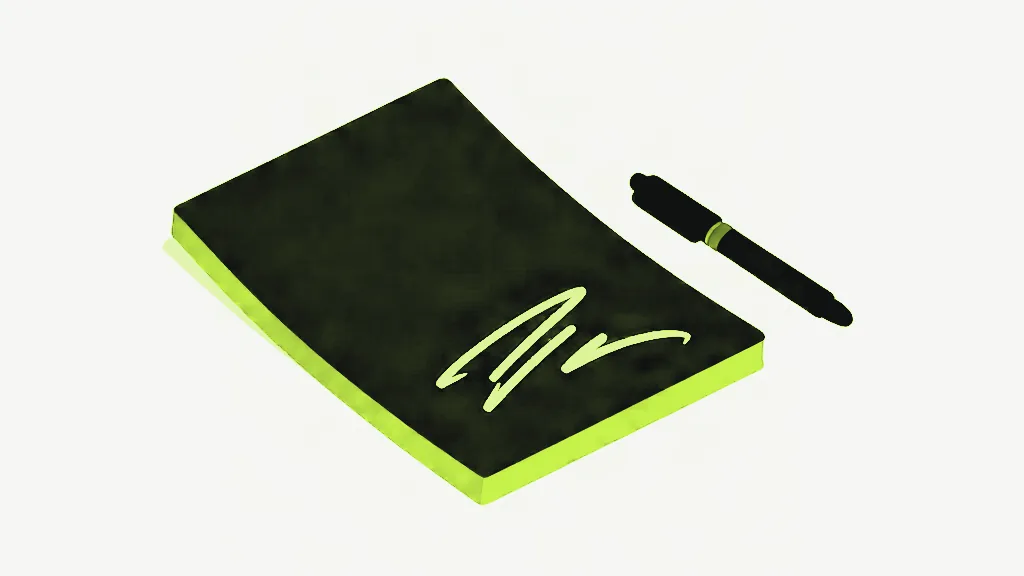 A thick dark charcoal pad of paper lying at an angle with bright lime page edges and a loose bright lime handwritten scrawl across its lower half, a dark pen resting beside it, on a pale grey background