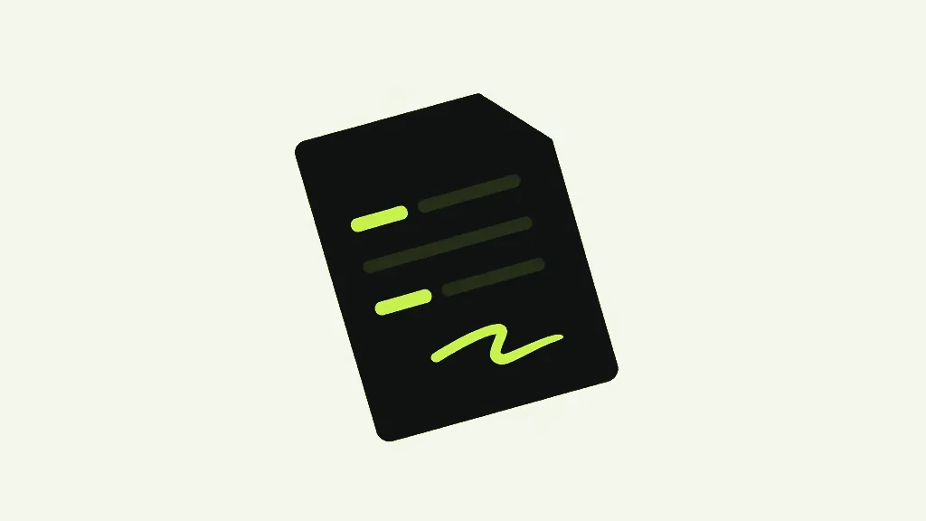 A dark near-black page with a folded top corner, rows of short bright lime bars and faint dark bars across it, and a single bright lime squiggle beneath them, on a pale grey background