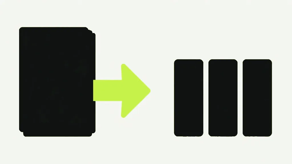 A dark stack of pages with a bright arrow leading to three separate narrower stacks