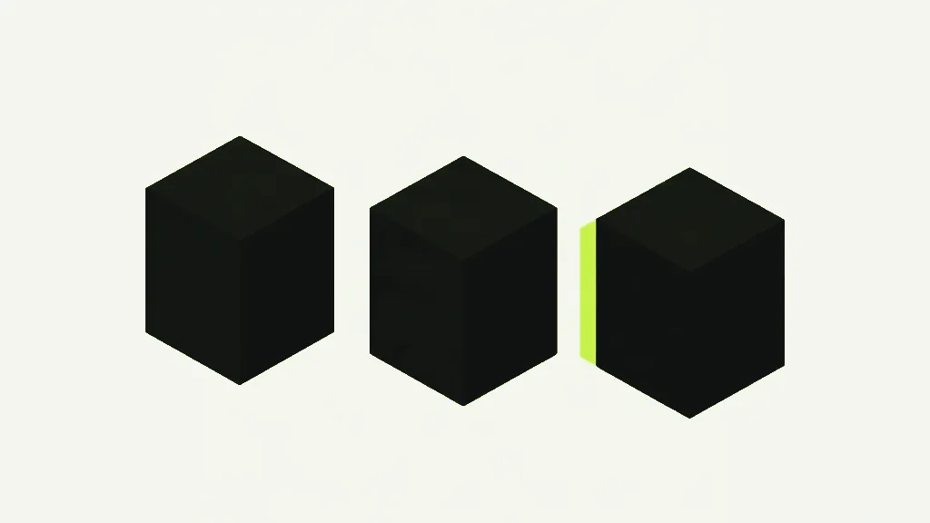 Three separate dark charcoal blocks standing in a row with gaps between them, a thin lime strip along the edge of the last one, on a pale cool grey background