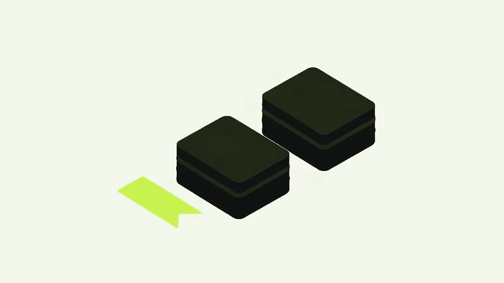 Two small dark stacks of sheets side by side, with a lime bookmark ribbon lying on its own on the pale ground to their left