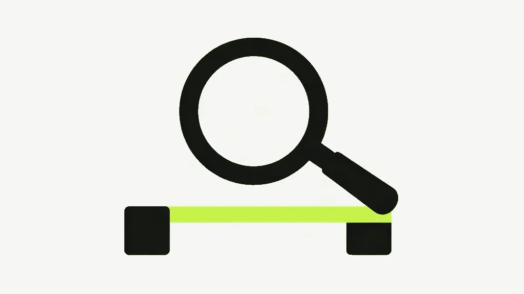 A large dark magnifying glass resting on a bright lime horizontal bar that runs between two small dark blocks