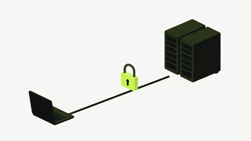 A dark open laptop at the lower left joined by a long thin dark line to a pair of tall dark server towers at the upper right, a bright lime closed padlock sitting on the line between them
