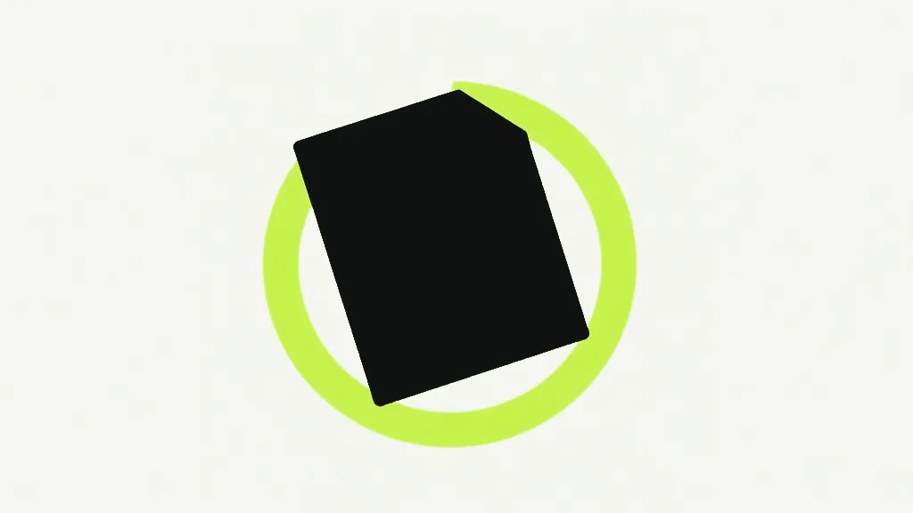 A tilted dark document sheet overlapping a bright lime open ring behind it