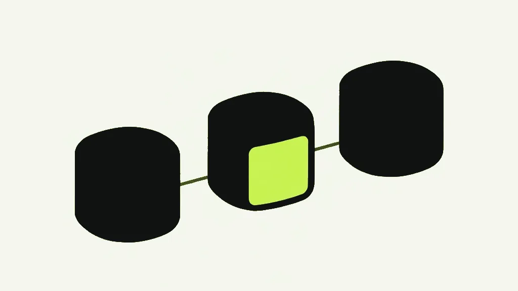 Three dark rounded blocks in a row joined by a thin line, the middle block holding a bright lime rounded square