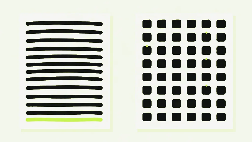 Two pale pages side by side: the left one striped with long dark horizontal bars and a single lime bar at the bottom, the right one filled with an even grid of dark rounded squares, a few marked with tiny lime dots