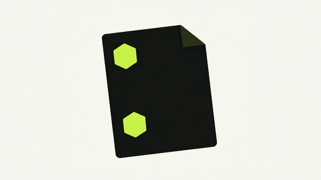 A dark upright page carrying two small lime shapes, a square near the top and a hexagon lower down