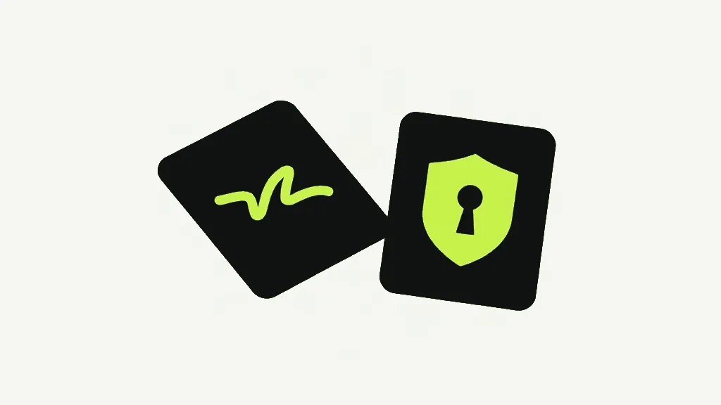A dark card carrying a lime handwritten squiggle beside a second dark card stamped with a lime shield and keyhole