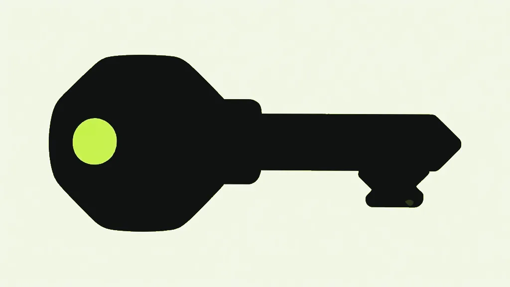 A single large dark key with a bright dot at its bow and cut teeth along its blade