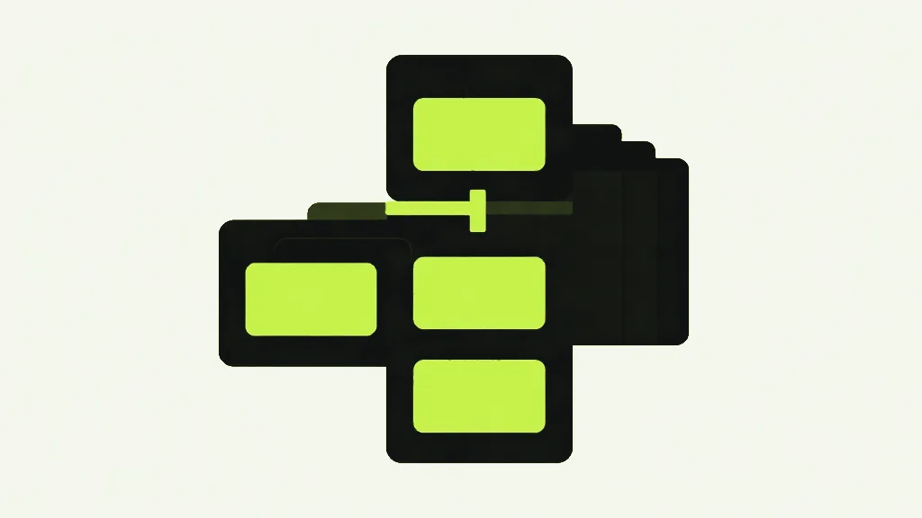 Four bright panels on dark tiles set out in a cross, with a row of plain dark cards stacked behind them and a short bright bar joining them