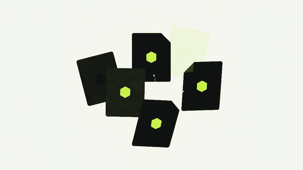 Several scattered dark cards, most marked with a small lime dot, one card pale and faint
