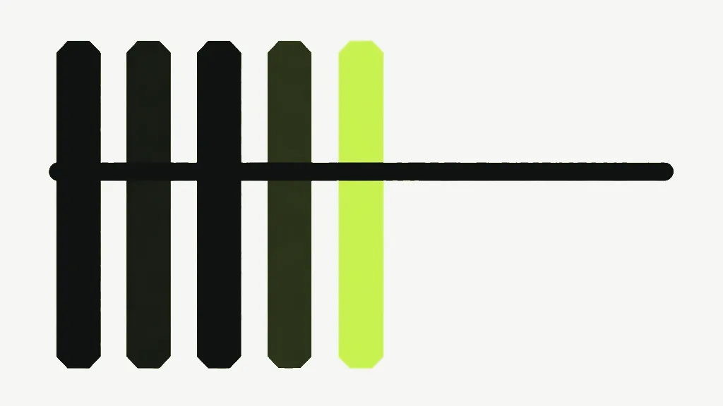 A row of dark vertical bars of differing heights with one lime bar among them, crossed by a single long horizontal line