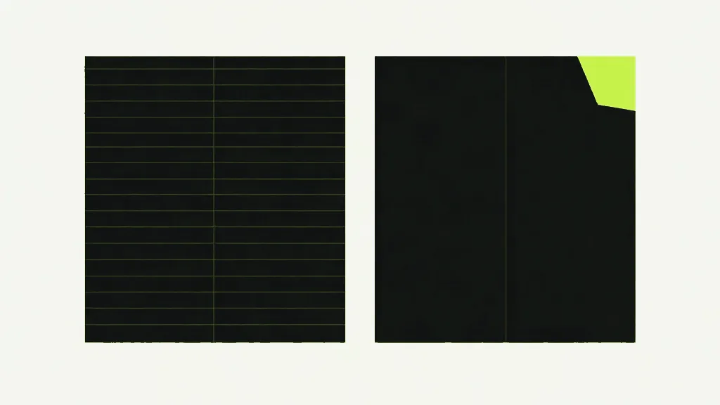 Two dark panels side by side, the left filled with fine pale horizontal lines and the right blank with a small lime corner