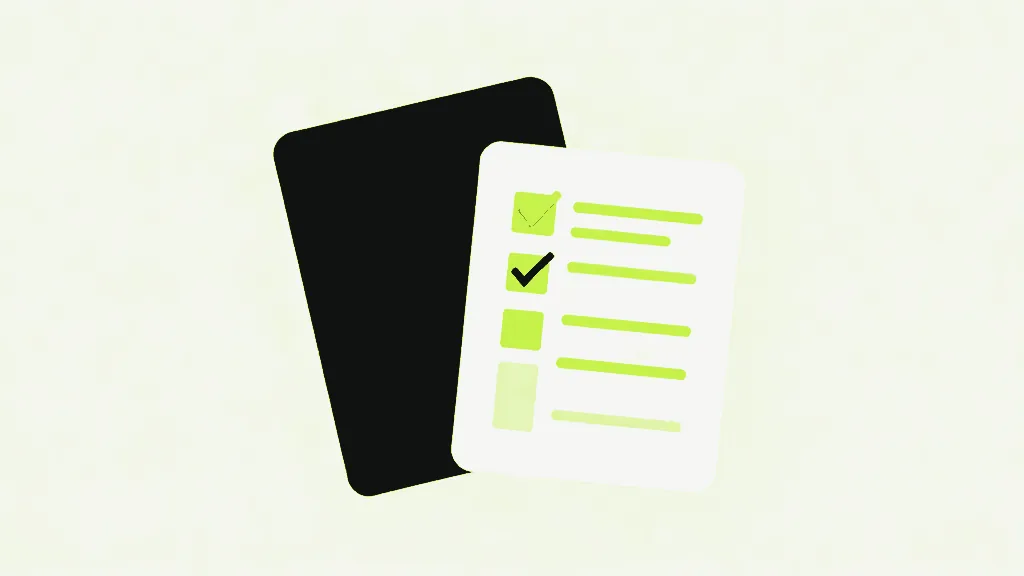 Two dark cards beside a pale checklist card marked with a column of lime ticks