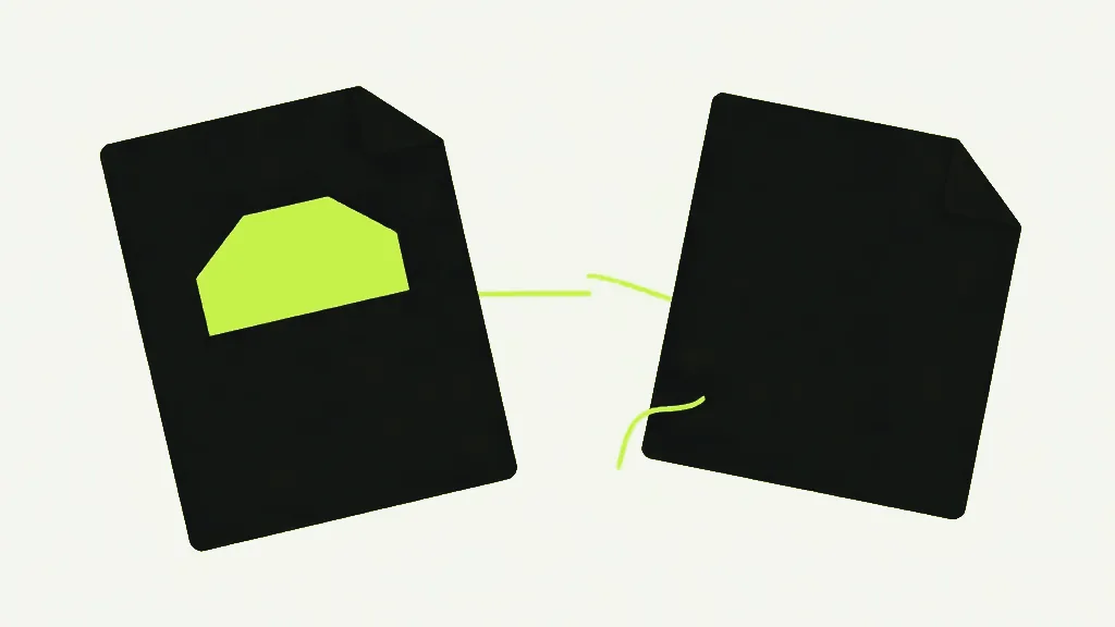Two dark upright tags joined by a thin thread, the left one holding a lime square, the right one empty