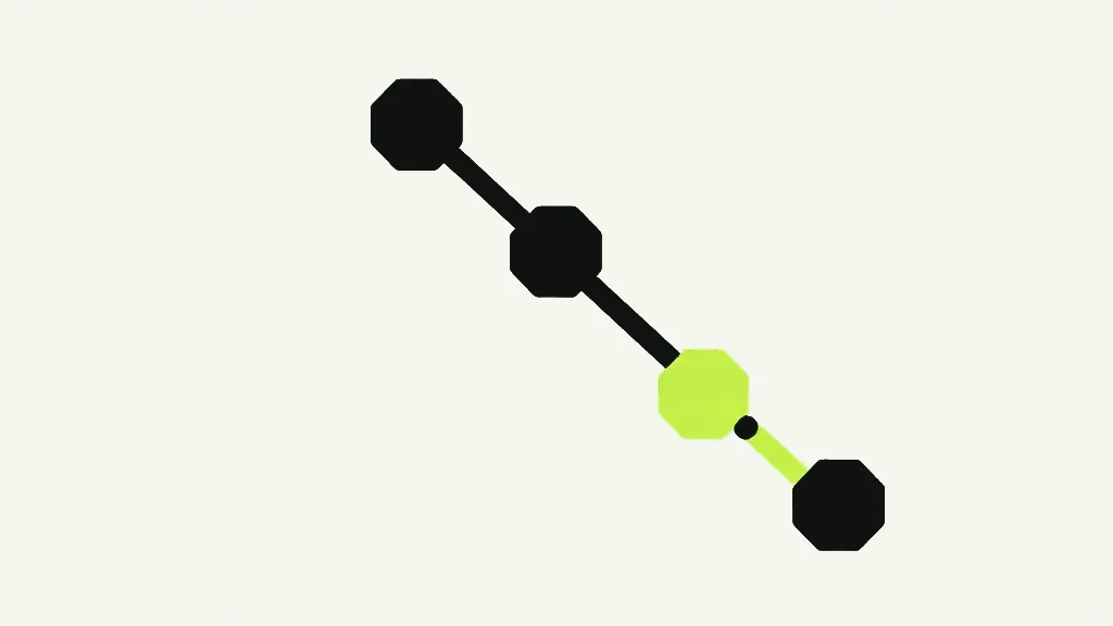 A diagonal line of dark hexagonal nodes linked in a chain, with one node lime