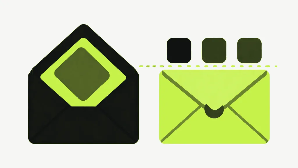 A dark envelope holding a bright diamond shape sealed inside, beside a bright empty envelope and a row of small dark blocks