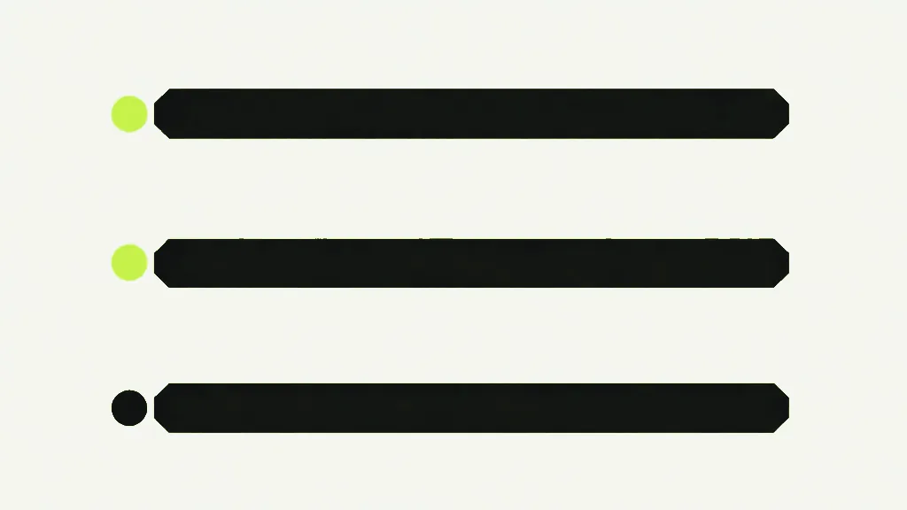 Three long dark bars stacked with wide gaps between them, joined by nothing; the top two are pinned by a small bright dot at the left end and the third by a dark one