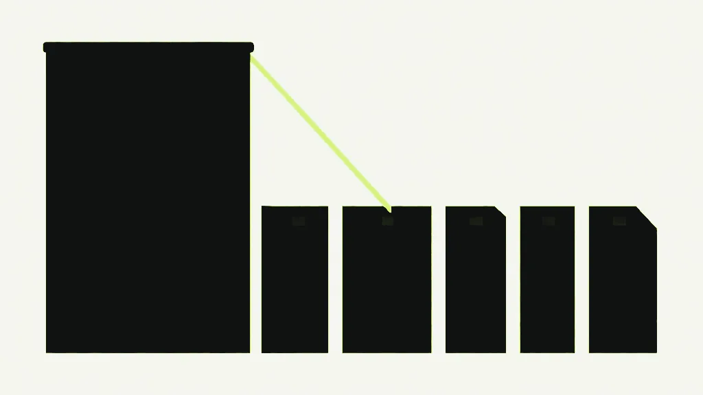 A tall dark block beside a descending row of shorter blocks, joined to it by a single thin bright thread