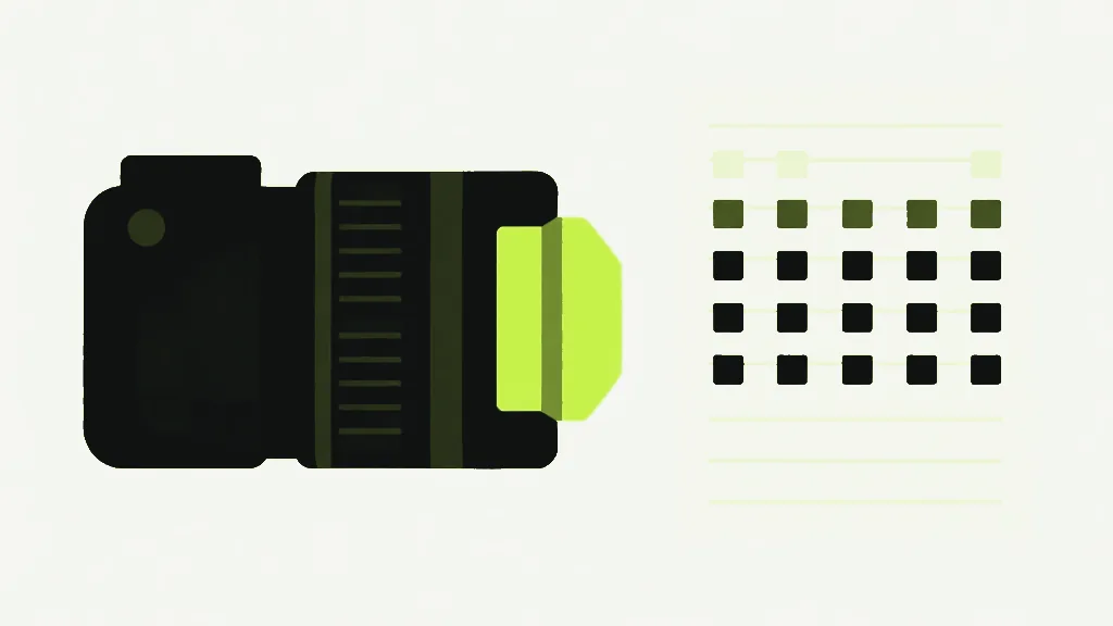 A dark camera beside a flat grid of small even squares