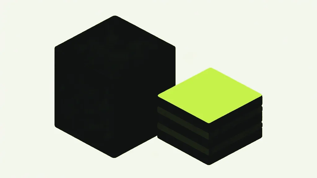A dark hexagonal block beside a dark stack of sheets capped with a lime slab