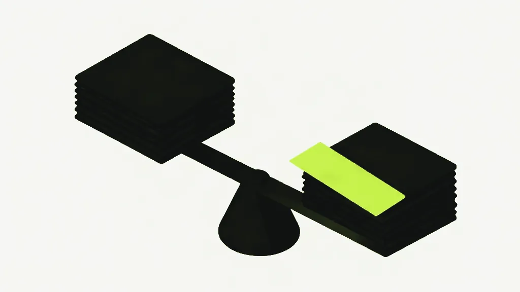 An isometric seesaw balance with a dark stack on each side, the side carrying a lime block tipped down